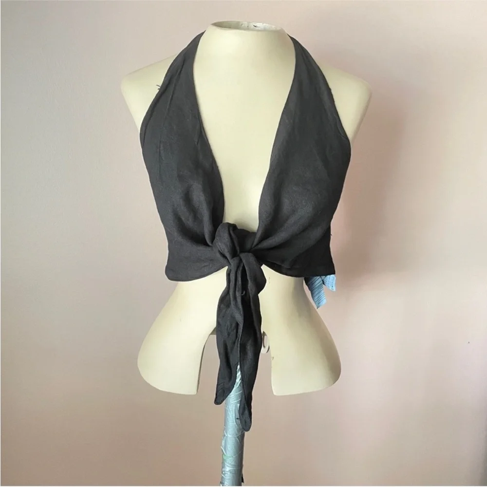 NWT Zara Black Halter Tie-Front Vacation Clean Girl Linen Top - Picture 6 of 7